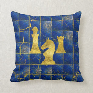 Lapis Lazuli Chessboard and Gold Chess Pieces Cushion