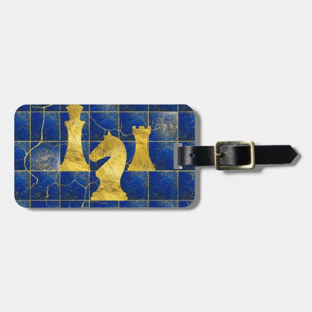 Lapis Lazuli Chessboard and Gold Chess Pieces Luggage Tag (Front Horizontal)