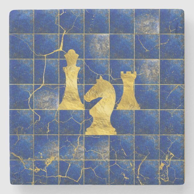 Lapis Lazuli Chessboard and Gold Chess Pieces Stone Coaster (Front)