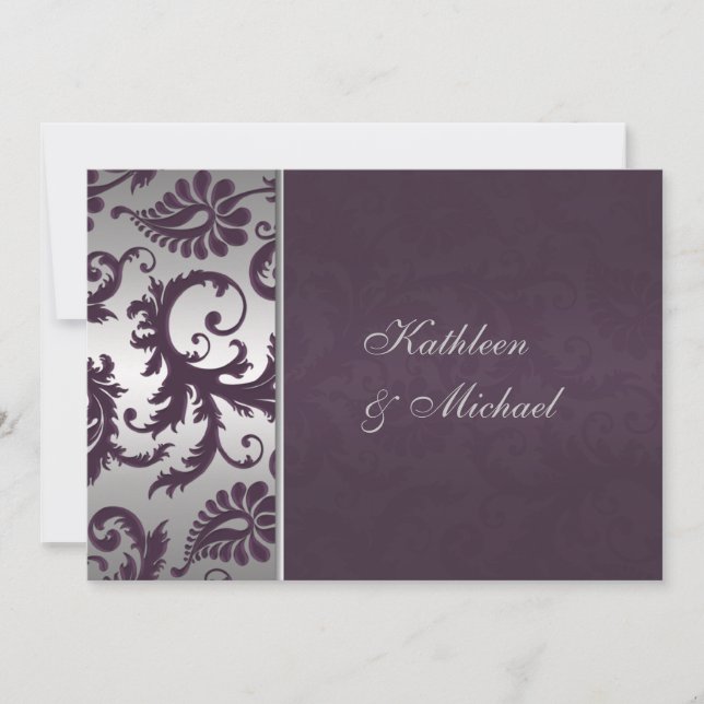Lapis Purple and Silver Damask Wedding Invitation (Front)