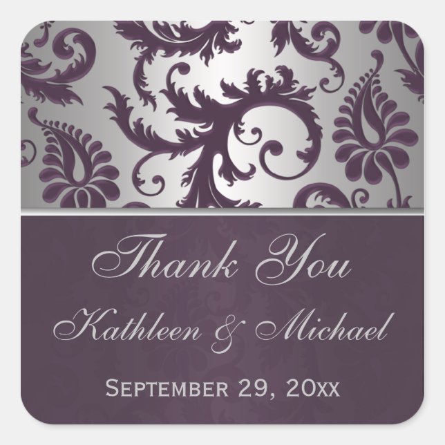 Lapis Purple & Silver Grey Damask Wedding Favour Square Sticker (Front)
