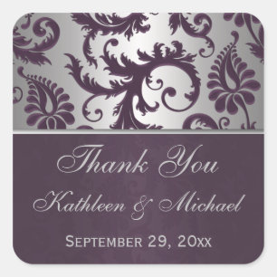 Lapis Purple & Silver Grey Damask Wedding Favour Square Sticker