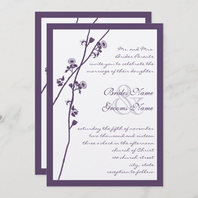 Lapis Purple Wild Flower Branch Wedding Invites (Front/Back)