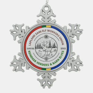 Lapland Sami Elf Workers Union Reindeer Herders Snowflake Pewter Christmas Ornament