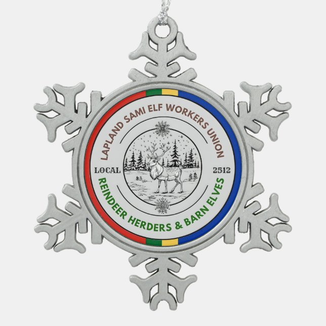 Lapland Sami Elf Workers Union Reindeer Herders Snowflake Pewter Christmas Ornament (Front)