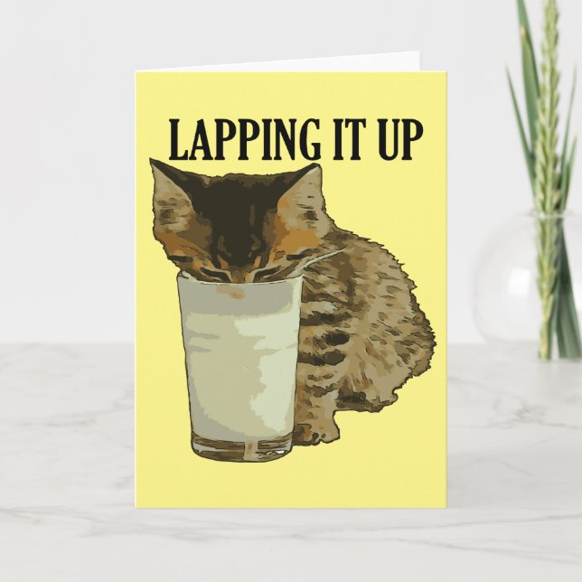 Lapping It Up Cute Tabby Drinking Milk From A Glas Card (Front)