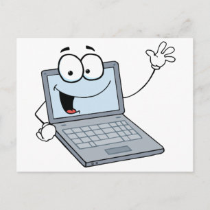 Laptop Cartoon Character Waving A Greeting Postcard