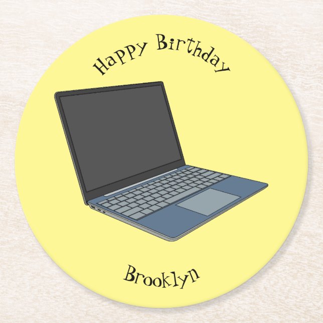Laptop cartoon illustration round paper coaster (Front)