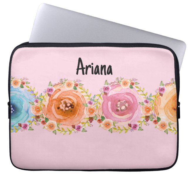 Laptop Case in Pink with Colourful Flowers (Front)