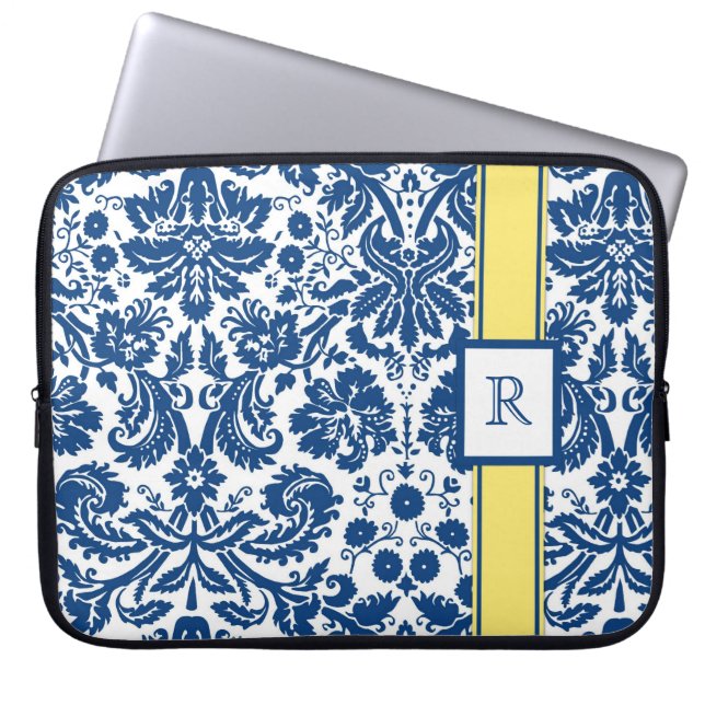 Laptop Custom Monogram Blue Lemon Floral Damask Sleeve (Front)