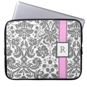 Laptop Custom Monogram Grey Pink Floral Damask Sleeve
