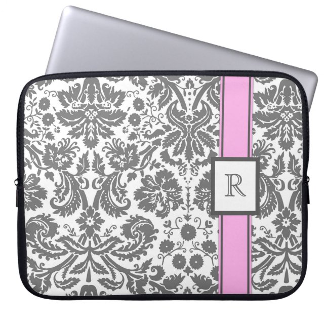 Laptop Custom Monogram Grey Pink Floral Damask Sleeve (Front)