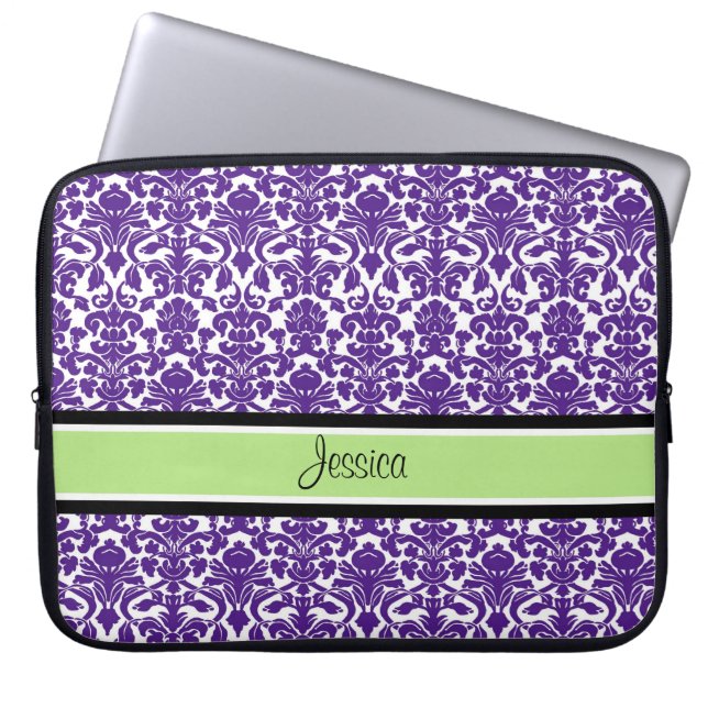 Laptop Purple Damask Custom Name Laptop Sleeve (Front)