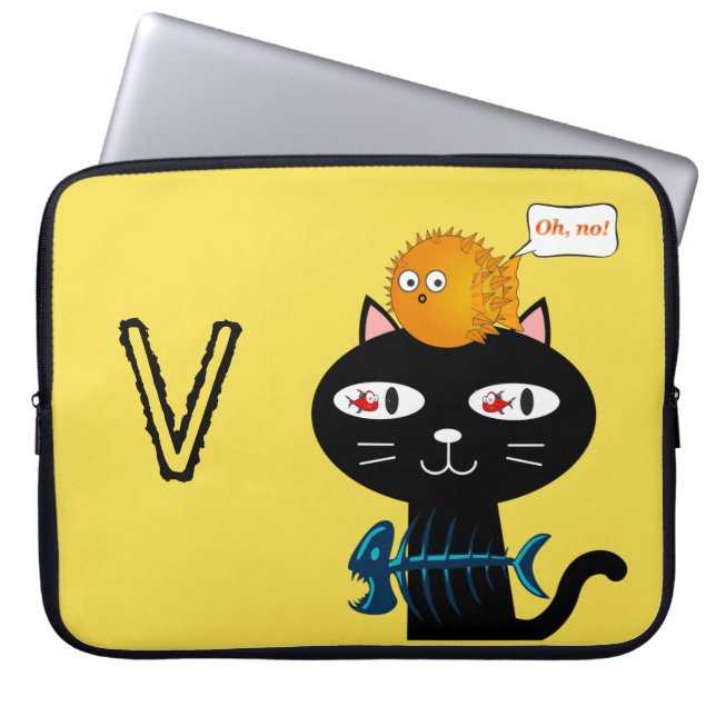 Laptop Sleeve Black Cat Fish Bones Yellow (Front)