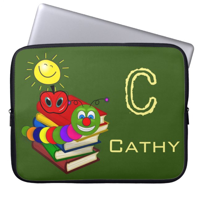 Laptop Sleeve Bookworm, Books, Apple, Green (Front)