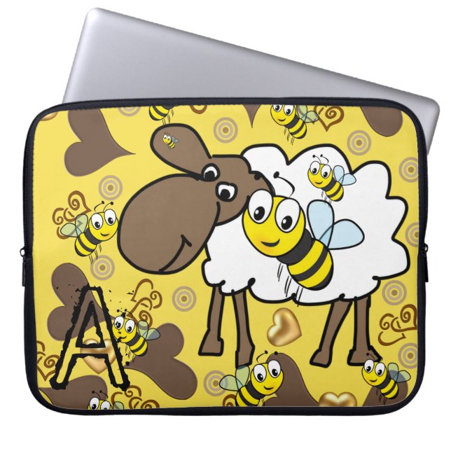 Laptop Sleeve Sheep Brown Hearts Bumblebee (Front)