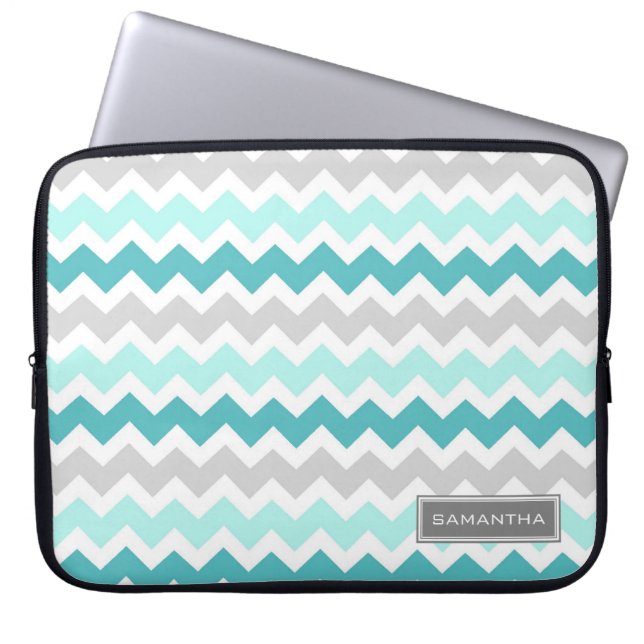 Laptop Teal Ombre Chevron Custom Name Sleeve (Front)