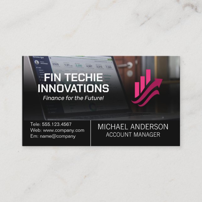 Laptop with Financials | Bar Graph Logo Business Card (Front)