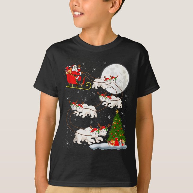 Lar Bear Santa Sleigh Flying Funny Magical Christm T-Shirt (Front)