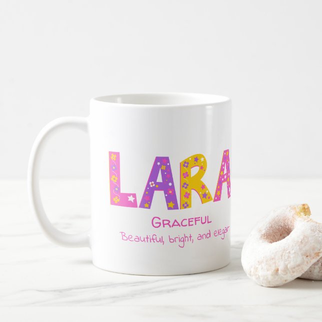 Lara girls name meaning pink purple flower stars coffee mug (With Donut)