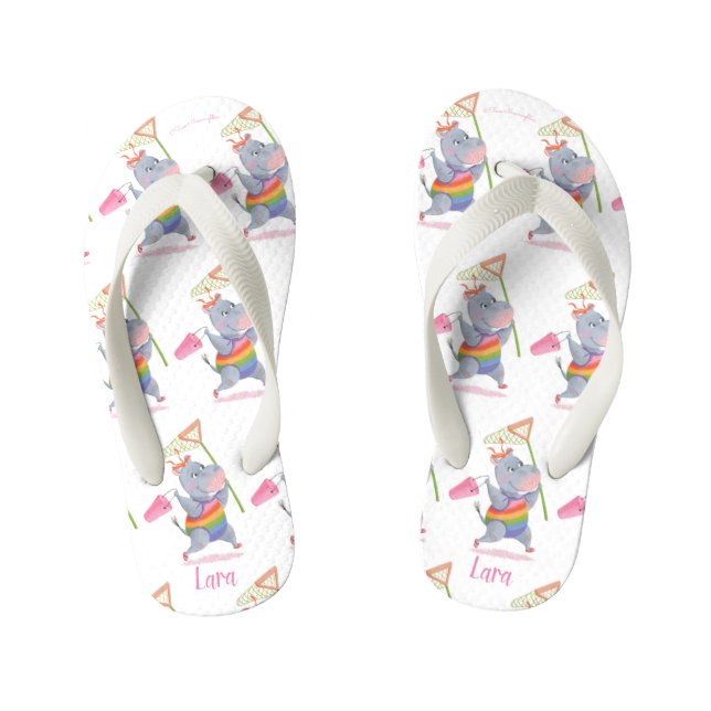 Lara - Rainbow Hippo Happiness - Kids Flip Flops (Footbed)