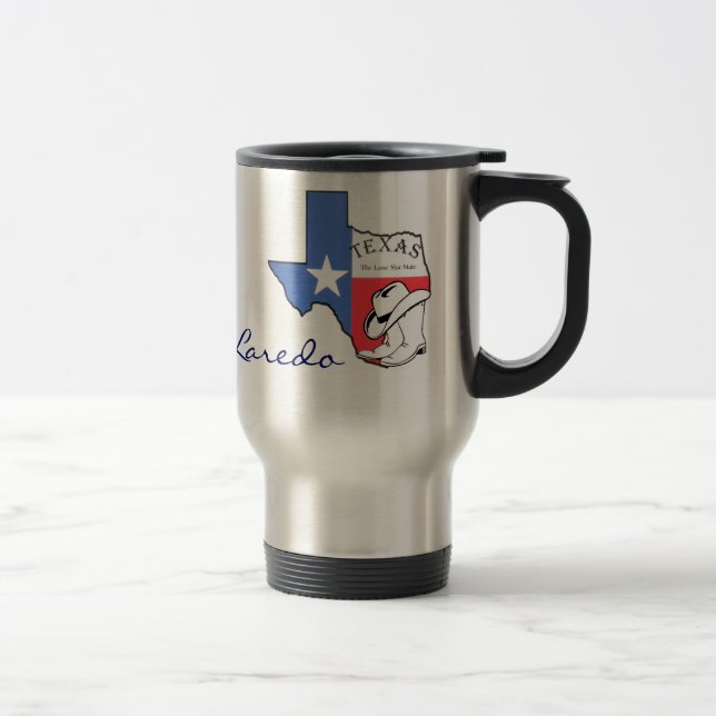 Laredo, Texas State Map with Star, Boots, Hat Mug (Right)