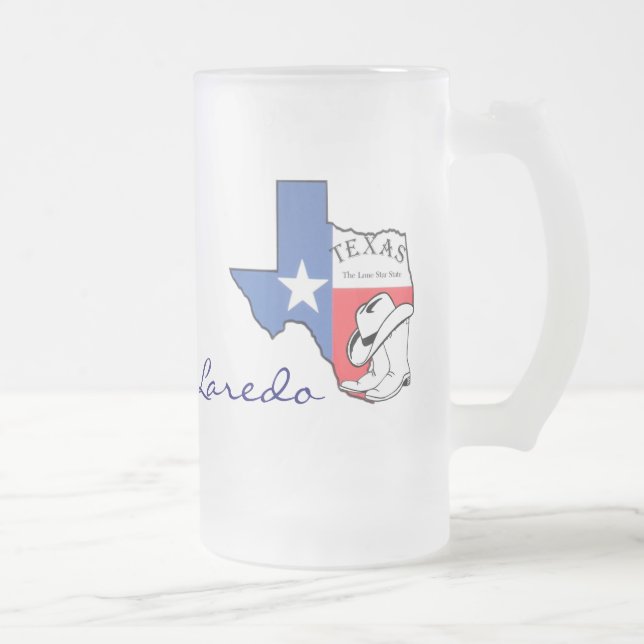 Laredo, Texas State Map with Star, Boots, Hat Mug (Right)
