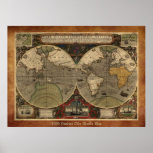 Large "1595 World Map of Hondius" Historic Map Poster
