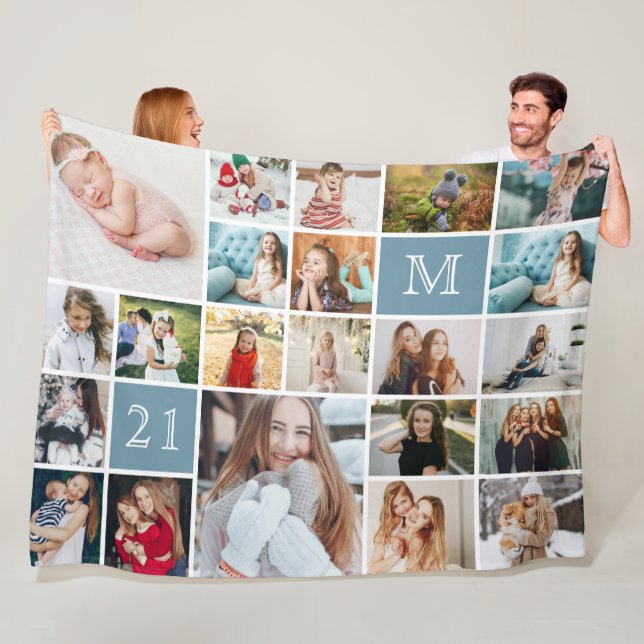 Large 21st Birthday Personalised 22-Photo Collage Fleece Blanket (In Situ)