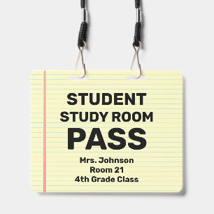 Large 4x5 Student Study Room Pass Lanyard ID Badge