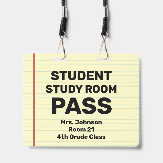 Large 4x5 Student Study Room Pass Lanyard ID Badge (Front with Lanyard)