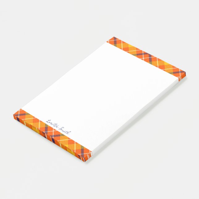 Large 4x6 Custom Fall Orange Gingham Plaid Pattern Post-it Notes (Angled)