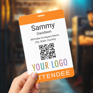 Large 4x6 Name Badge QR Code Event Logo Orange ID Badge