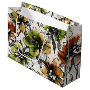 Large Abstract Alcohol Wash Pen and Ink Flowers Gift Bag