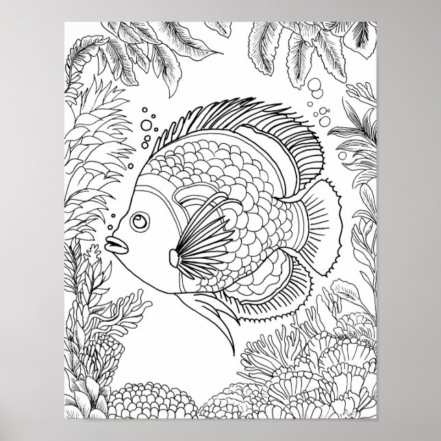 Large Adult Colouring Page Tropical Fish Ocean Art Poster (Front)
