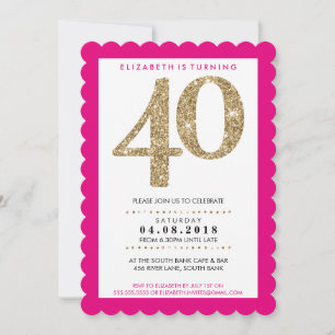 LARGE AGE NUMBER bold 40 gold glitter bright pink Invitation
