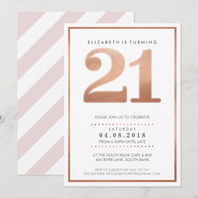LARGE AGE NUMBER INVITE glam 21 rose gold foil (Front/Back)