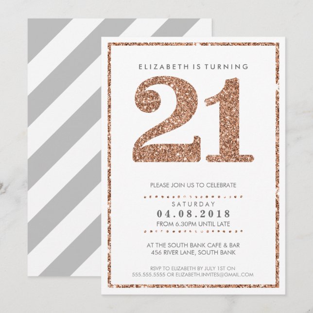 LARGE AGE NUMBER INVITE glam 21 rose gold glitter (Front/Back)