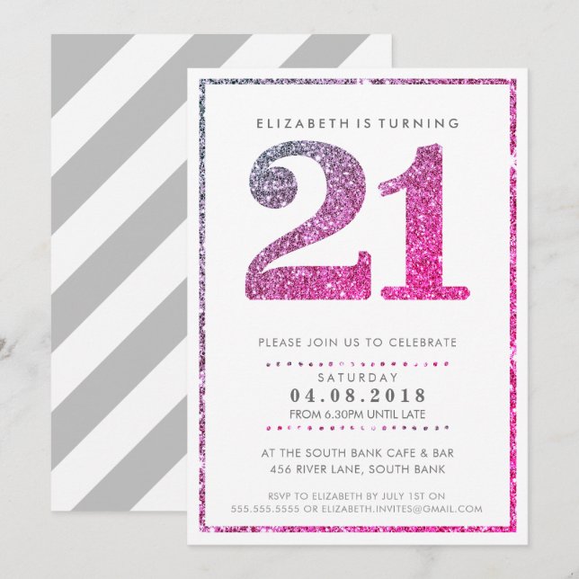 LARGE AGE NUMBER INVITE glam 21 rose gold glitter (Front/Back)