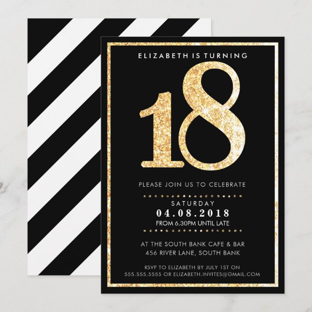 LARGE AGE NUMBER INVITE modern 18 gold glitter (Front/Back)