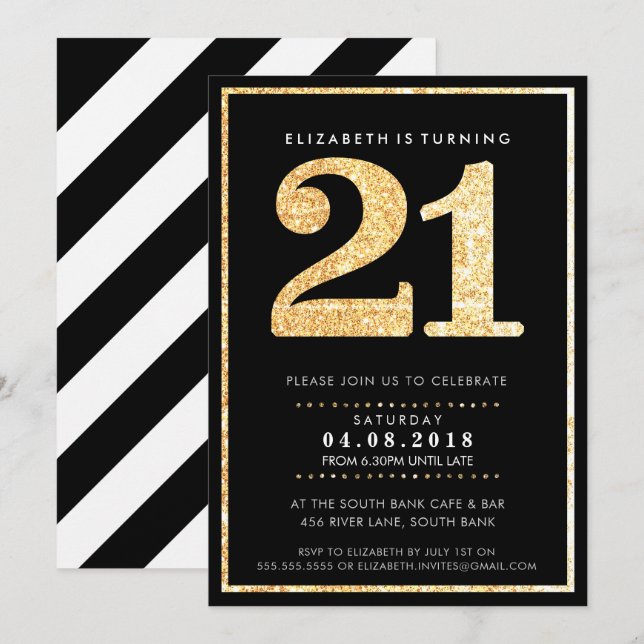 LARGE AGE NUMBER INVITE modern 21 gold glitter (Front/Back)