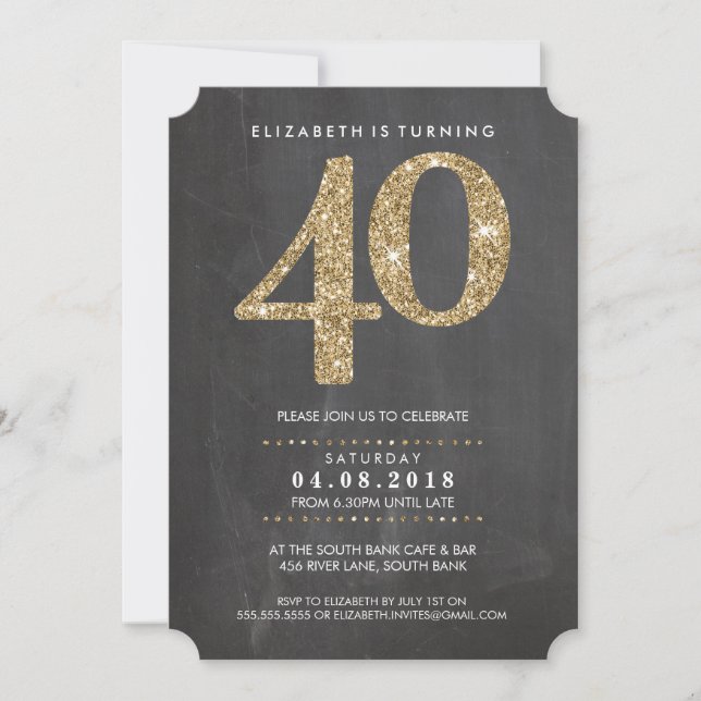 LARGE AGE NUMBER INVITE modern 40 gold glitter (Front)