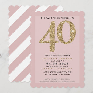 LARGE AGE NUMBER modern 40 gold glitter bluch pink Invitation