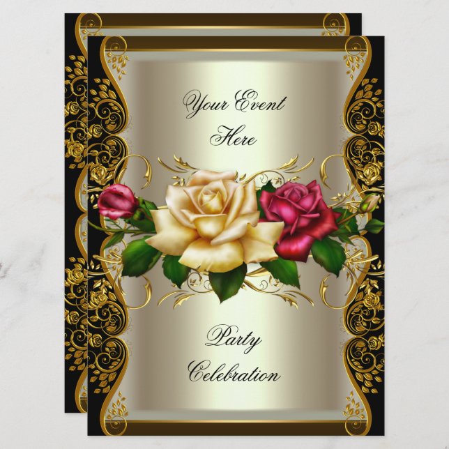LARGE Any Event Party Cream Gold Black Roses Invitation (Front/Back)