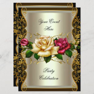 LARGE Any Event Party Cream Gold Black Roses Invitation
