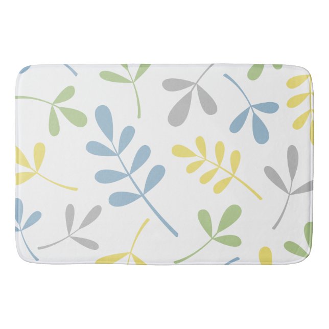 Large Assorted Leaves Blue Green Grey Yellow White Bath Mat (Front)