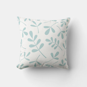 Large Assorted Leaves Duck Egg Blue on White Cushion