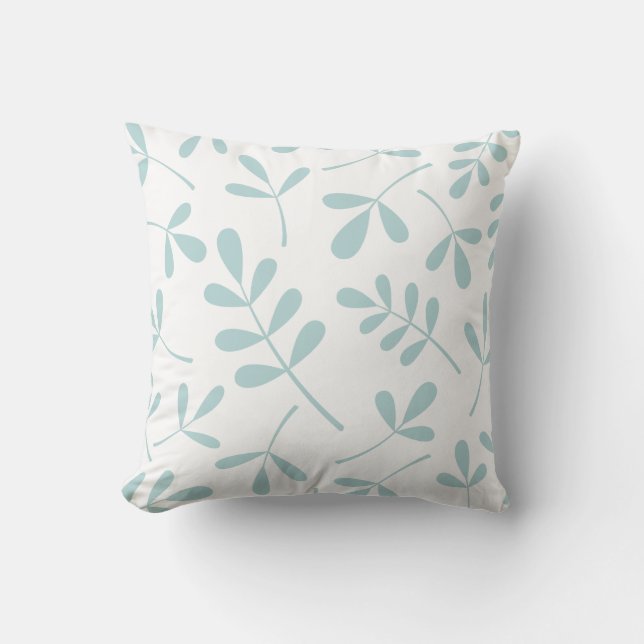 Large Assorted Leaves Duck Egg Blue on White Cushion (Front)