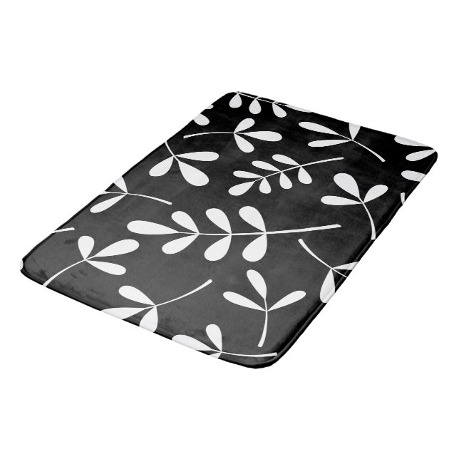 Large Assorted White Leaves on Black Design Bath Mat (Angled)