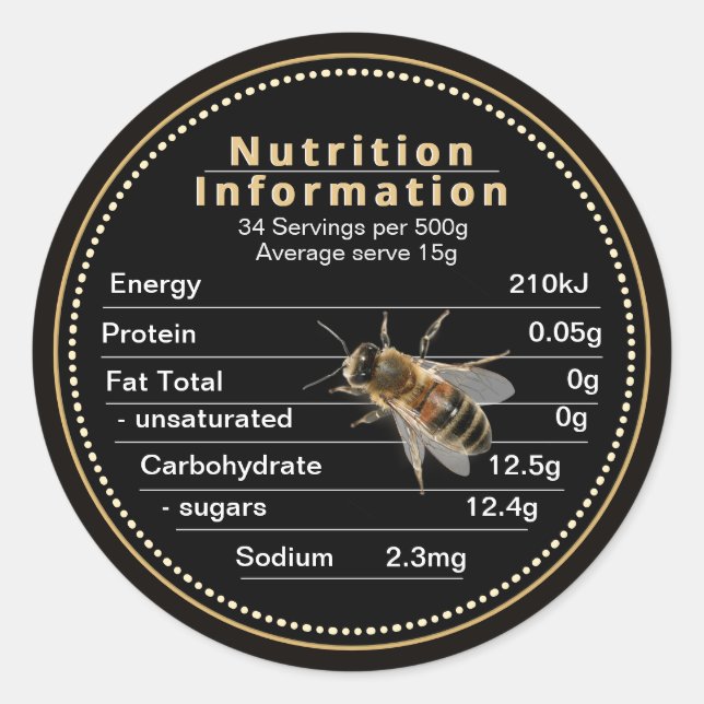 Large AU Honey Nutrition Information Realistic Bee Classic Round Sticker (Front)